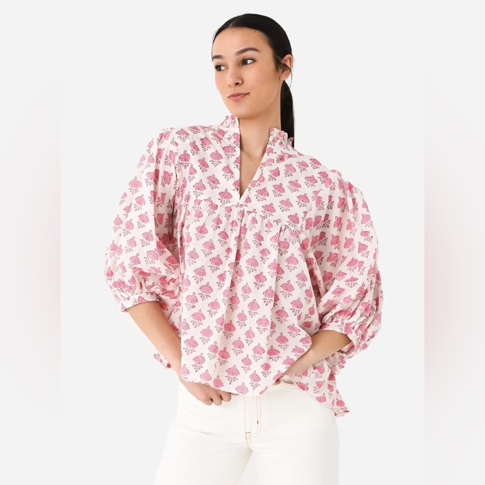 SLV Sur La Vague Classic Floral Puff Sleeve Pink Blouse One Size
